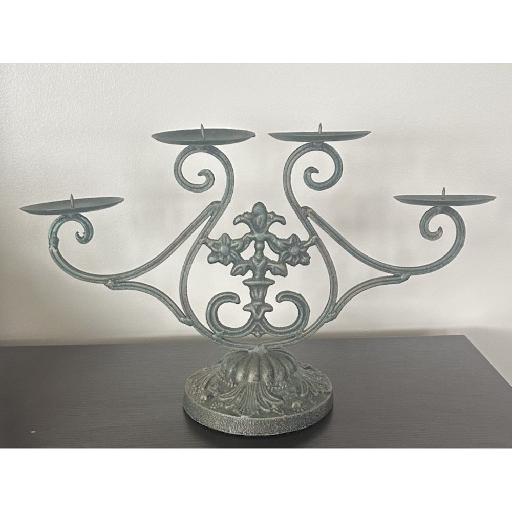Wrought Iron Candelabra Pillar Candle Holder Centerpiece French Country Green